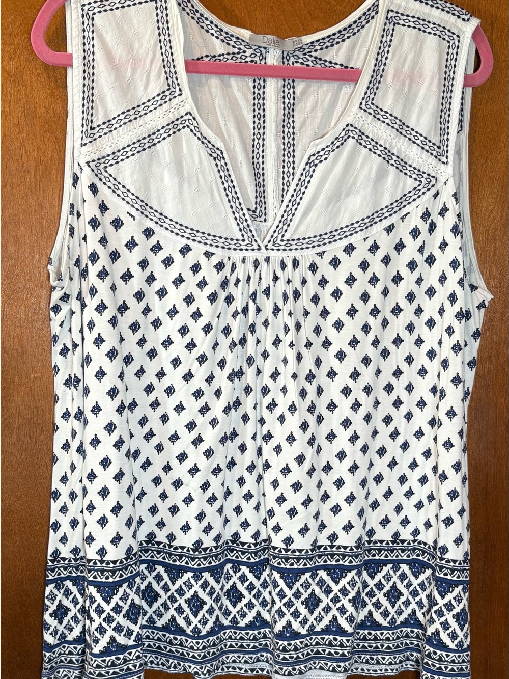 Dalia White and Navy Printed V-Neck Tank
